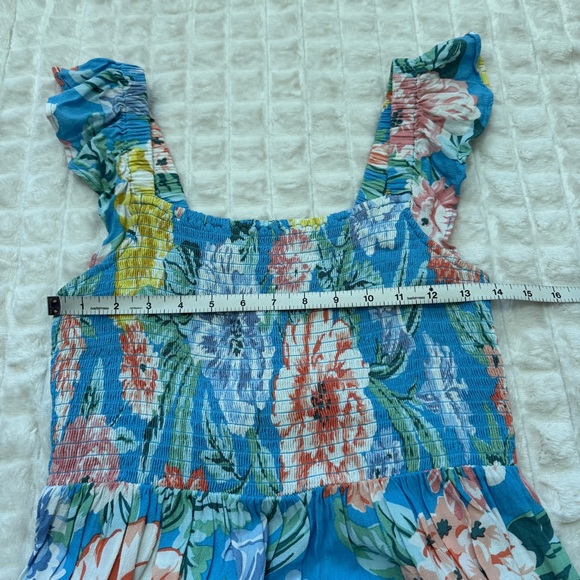 Loft Small Blue Floral Garden Smocked Ruffle Midi DRESS Smocked Tropical Spring - Picture 5 of 8